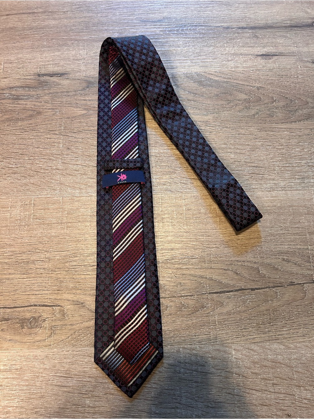 Egara Burgundy and Navy Striped Geometric Tie